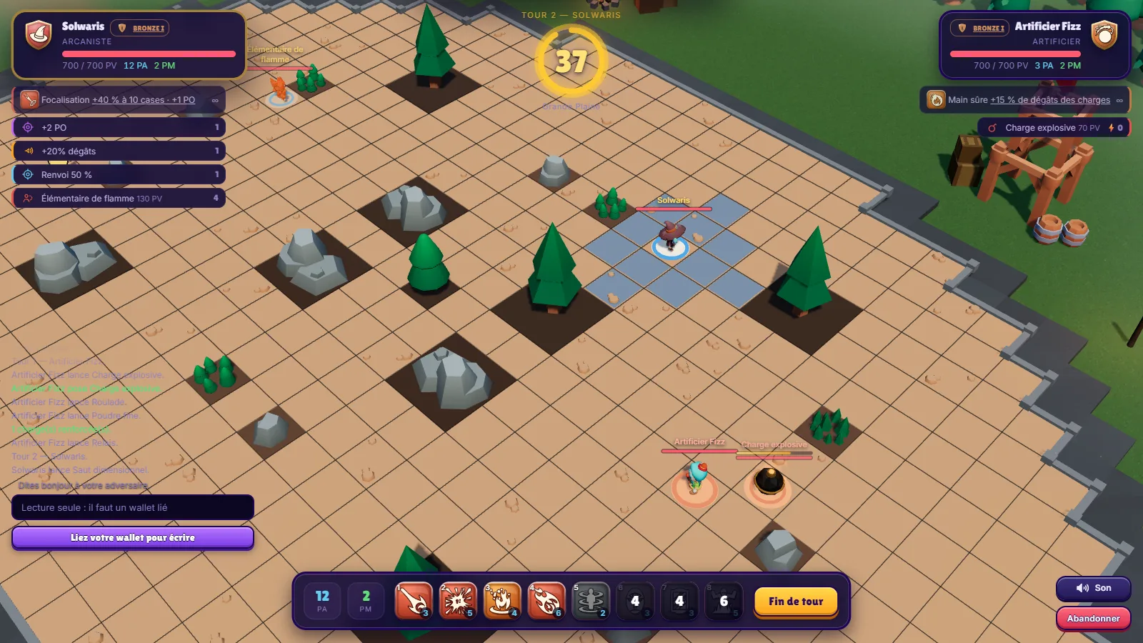 A turn-based duel in Solwaris, with two heroes on a tiled arena and spell effects