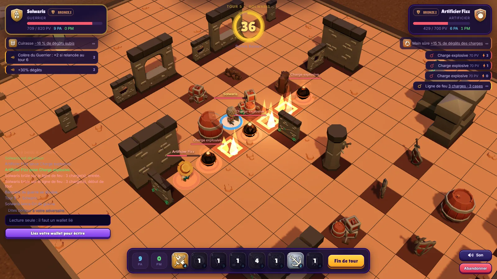 A Solwaris duel in a browser, a Brute facing an Artificer on a desert arena with the turn timer at the top