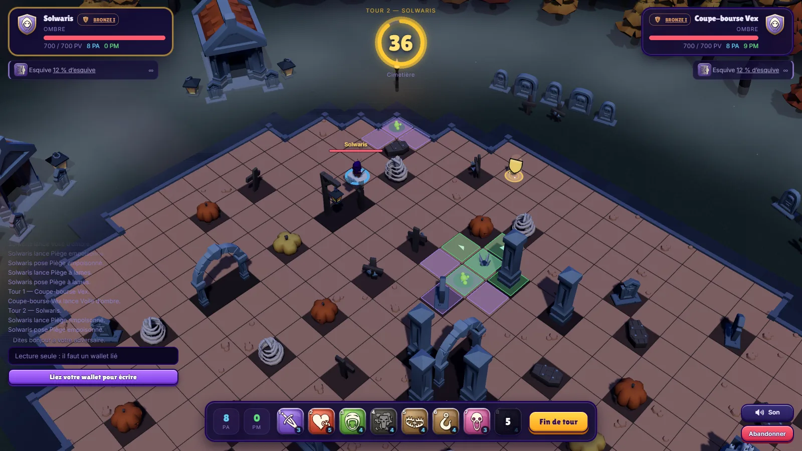 A turn-based tactics duel in Solwaris, played in a web browser, with two heroes on a tiled arena