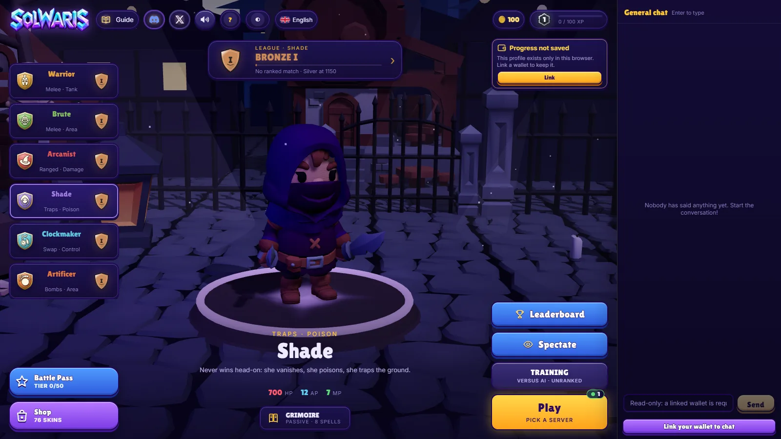 The Solwaris main menu in English, with the six classes and the Play button