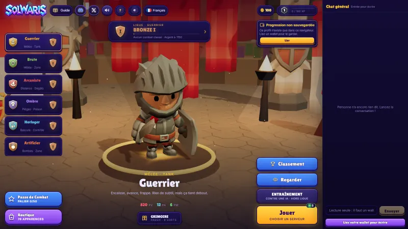 Le menu de Solwaris dans un navigateur web, avec le Guerrier au centre et la liste des six classes