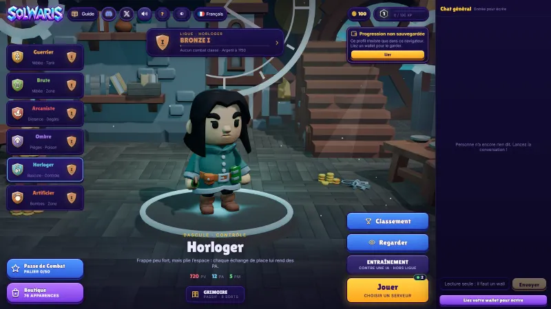 L'Horloger de Solwaris dans le menu du jeu, une classe qui vole les points d'action comme le Xélor de Dofus