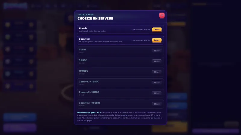 The Solwaris server list, with a free ranked queue, a 2 versus 2 queue and USDC stake servers