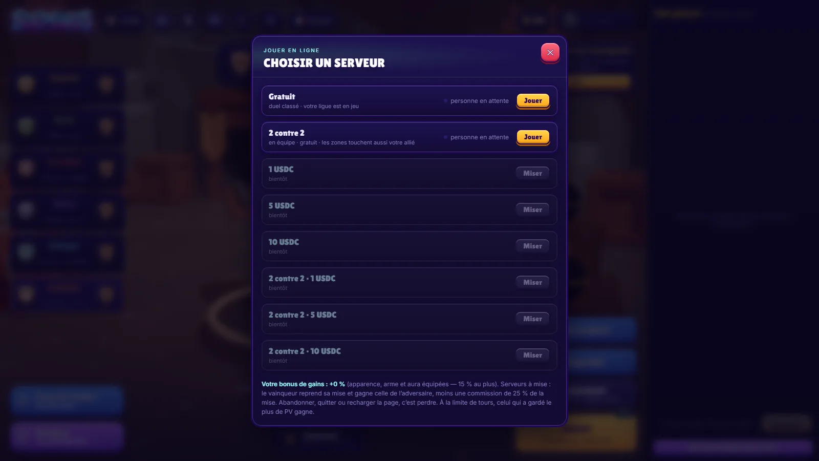 The Solwaris server list, with a free ranked queue, a 2 versus 2 queue and USDC stake servers