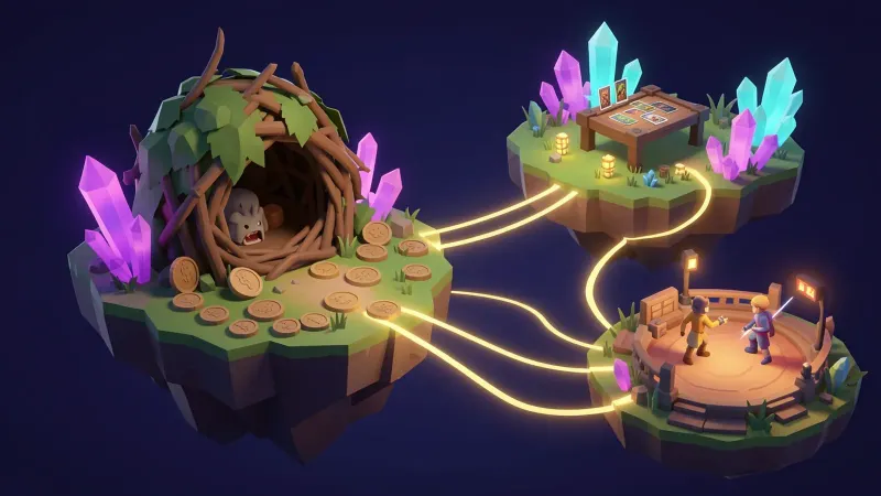Illustration: an empty, overgrown creature nest on a small floating island, faded coins around it, and several glowing paths leading to other islands, a creature meadow, a card table, a duel arena