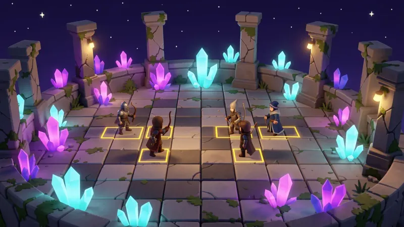 Illustration: an old abandoned stone arena with a checkered floor, rekindled by violet and cyan crystals, with two small teams of heroes facing each other on the tiles