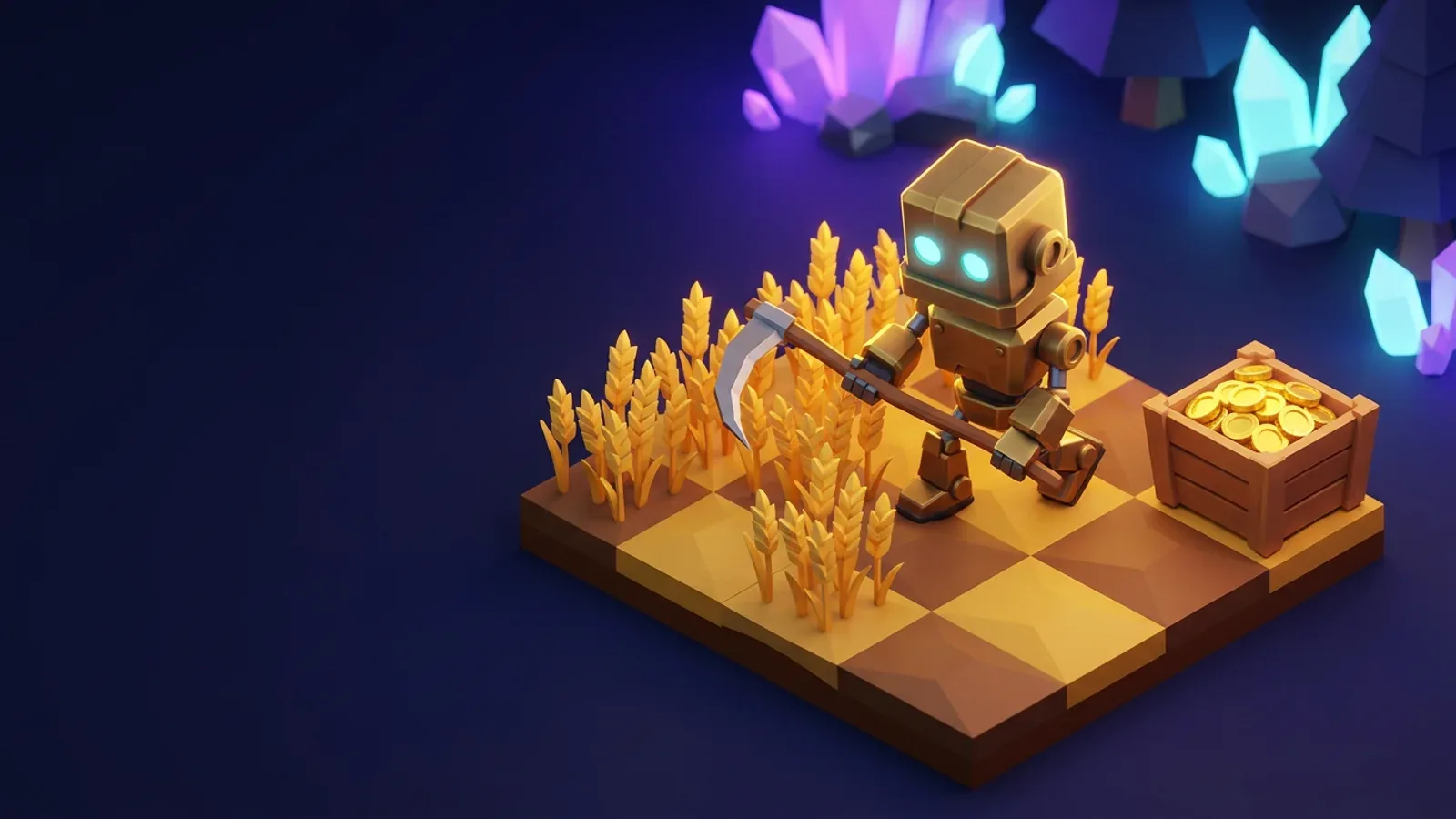 Illustration : un petit robot de laiton fauche du blé sur un damier, une caisse de pièces d’or à côté de lui