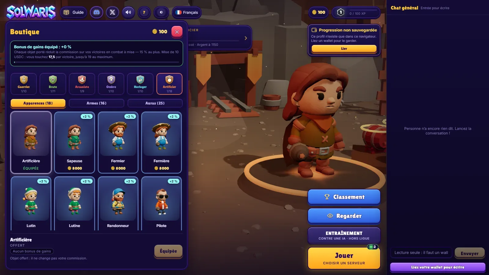 Der Shop von Solwaris mit Charakter-Skins nach Klassen sortiert und einem Banner, das den Bonus jedes ausgerüsteten Gegenstands anzeigt