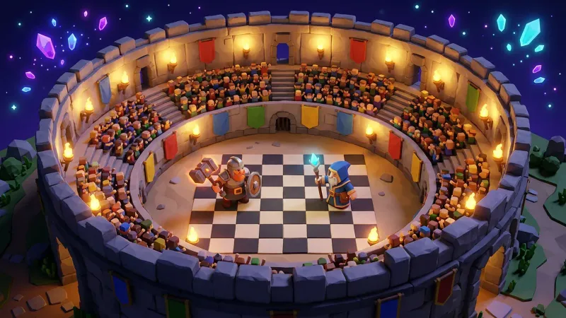 Illustration: a round arena seen from above, two heroes facing off on a checkerboard in the centre, stands full of spectators and banners