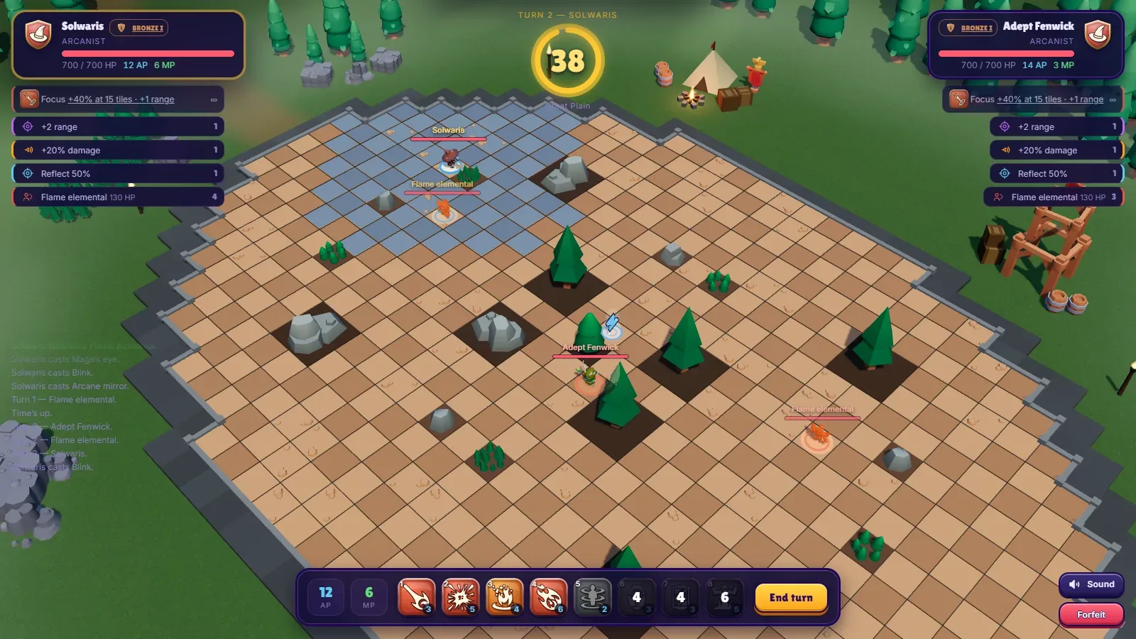 A Solwaris fight between two Arcanists on a grass map with pine trees, each with a summoned Flame elemental