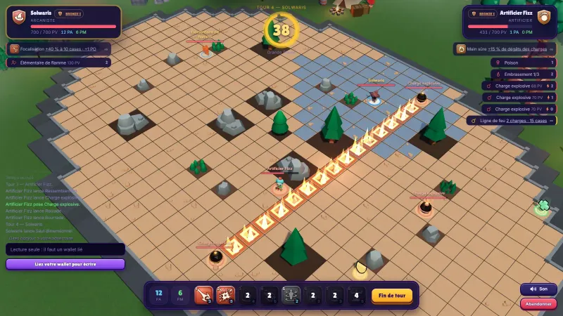 An Arcanist facing an Artificer on a grid arena, with a firing line between two explosive charges and the movement tiles in blue