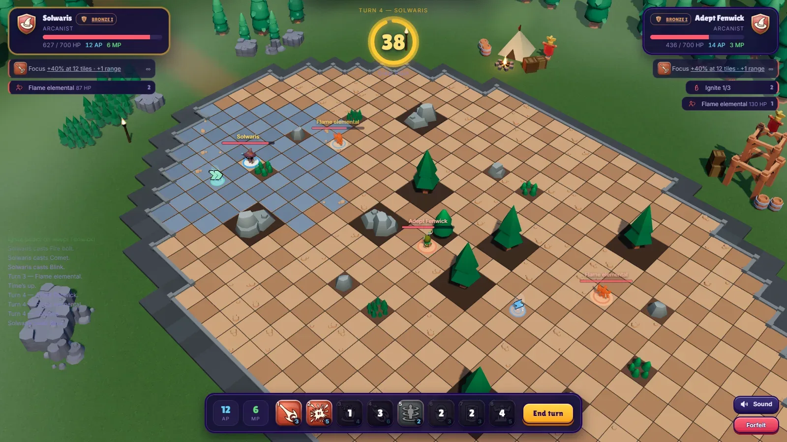 A Solwaris duel in progress: two Arcanists on the Great Plain, their health points at the top and the spell bar at the bottom