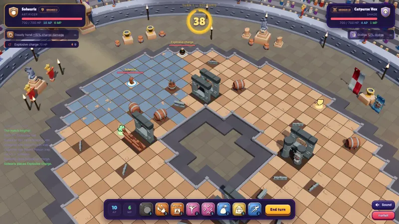 Turn one of a Solwaris duel in The Ring: an Artificer has just placed an explosive charge, with a Shade waiting across the arena