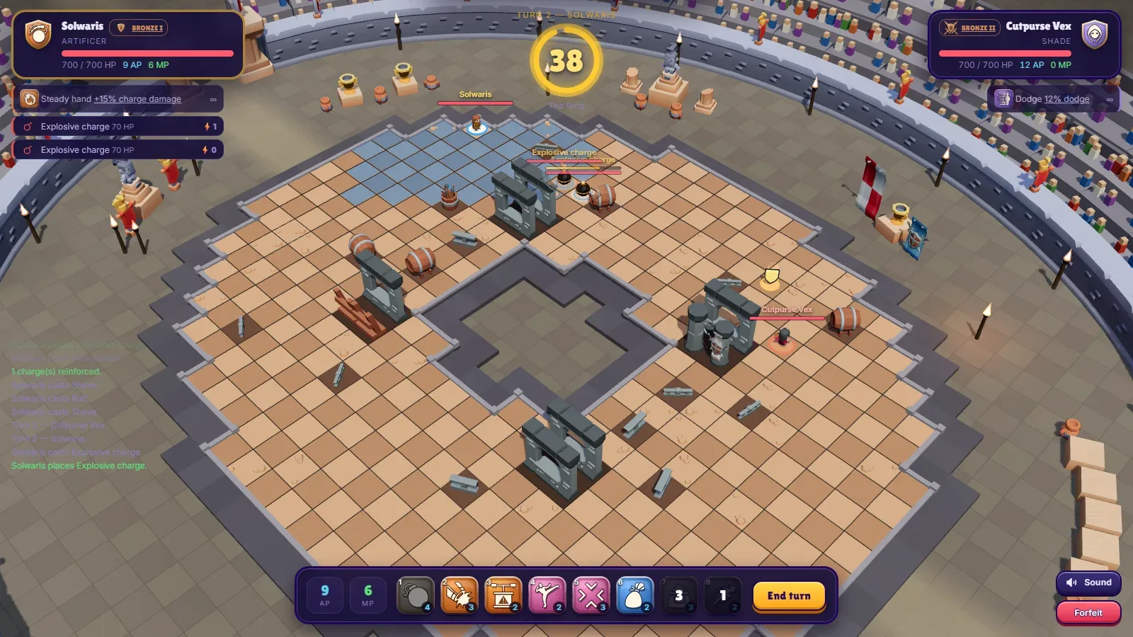 A Solwaris fight in The Ring arena: the Artificer has placed two explosive charges side by side, facing a Shade
