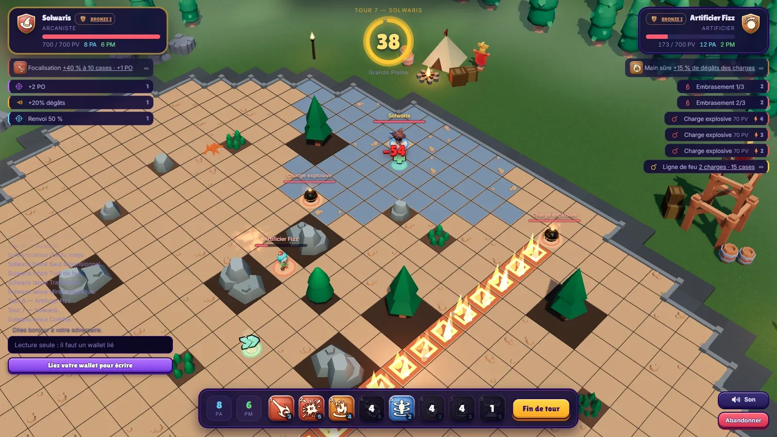 Two heroes face off in a turn-based Solwaris duel on a grid arena