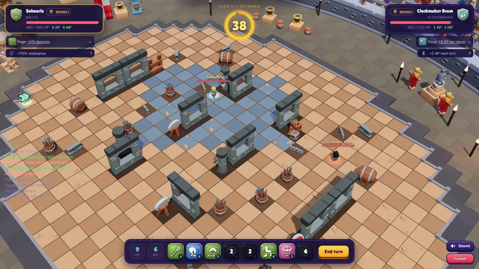 A Brute facing a Clockmaker in the Colosseum, on turn 5, with the Brute’s movement tiles in blue