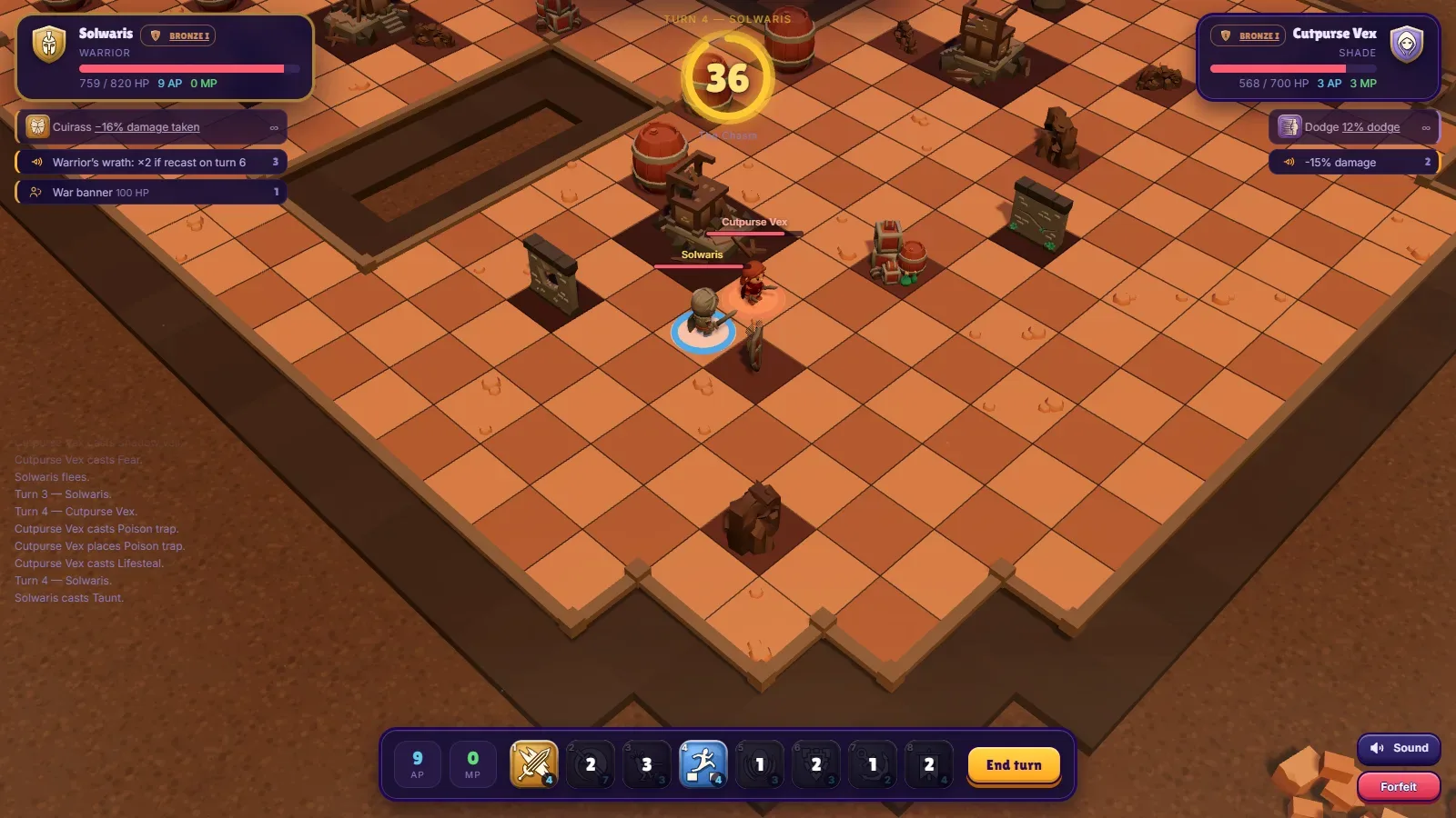 A Warrior and a Shade in melee on The Chasm map, on turn 4, with the action and movement points at the bottom of the screen