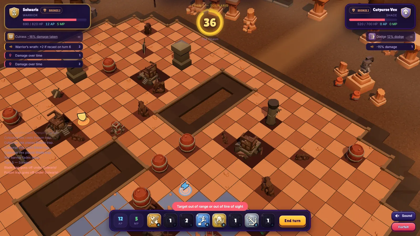 A Warrior on turn five on The Chasm, with the game refusing a spell: Target out of range or out of line of sight