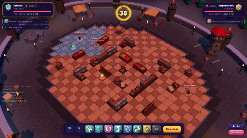 Un duel de Solwaris sur la carte Bastion, au premier tour : un Horloger qui vient d’invoquer son Automate, face à un Guerrier