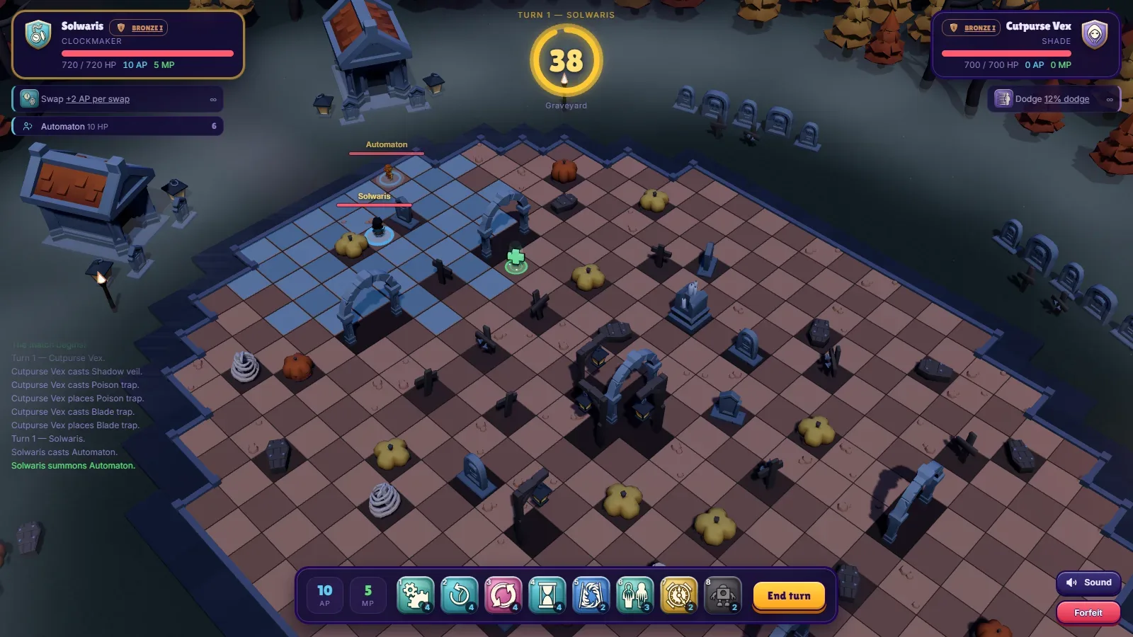 A Solwaris duel on the Graveyard map, on turn 1: a Clockmaker who has just summoned its Automaton, facing a Shade