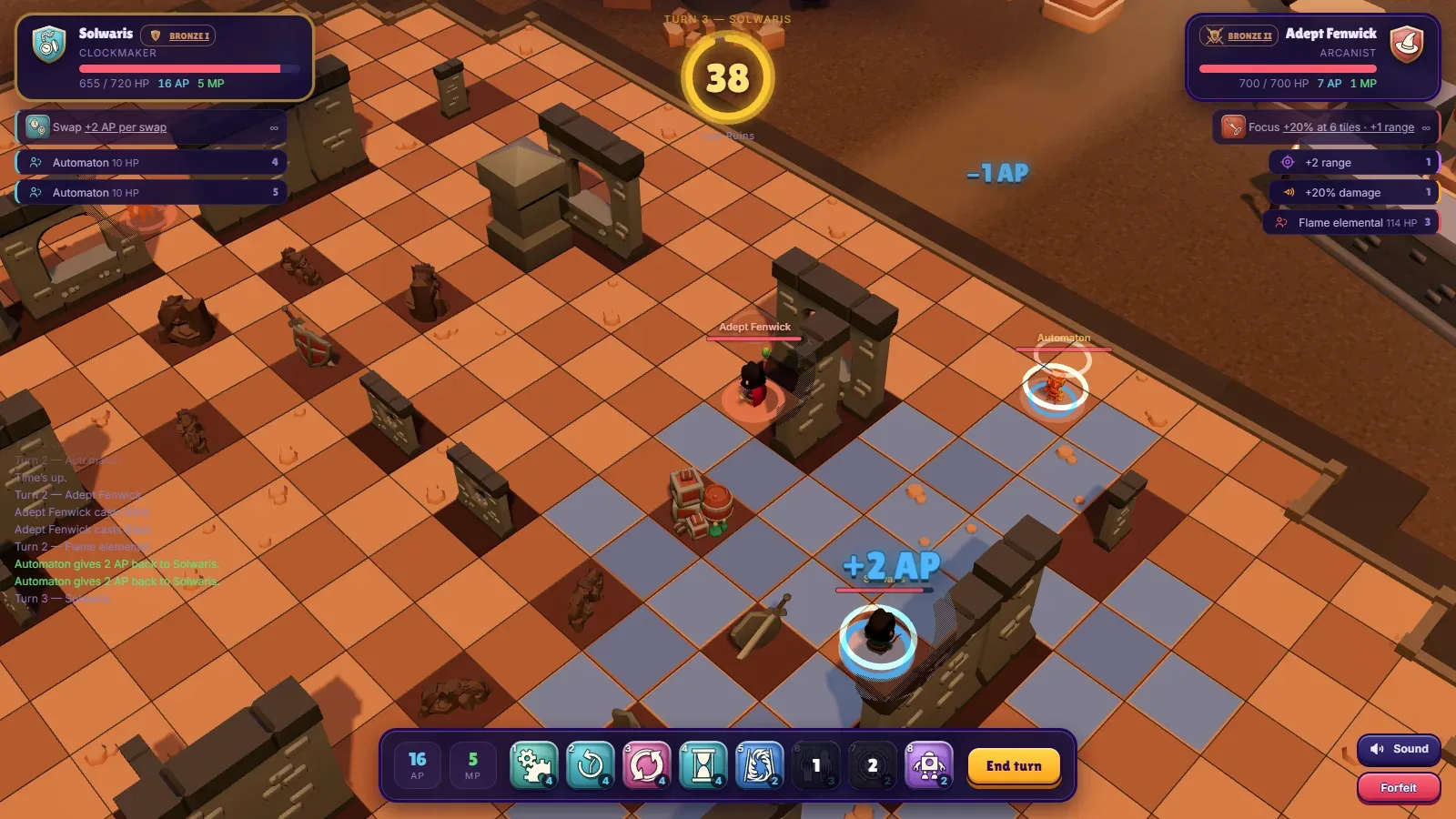The Clockmaker has just gained 2 AP through a swap with its Automaton, facing an Arcanist in the Low Ruins