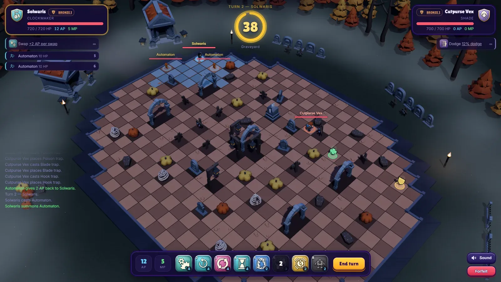 A Clockmaker with two Automatons facing a Shade on the Graveyard arena, among tombstones, arches and pumpkins