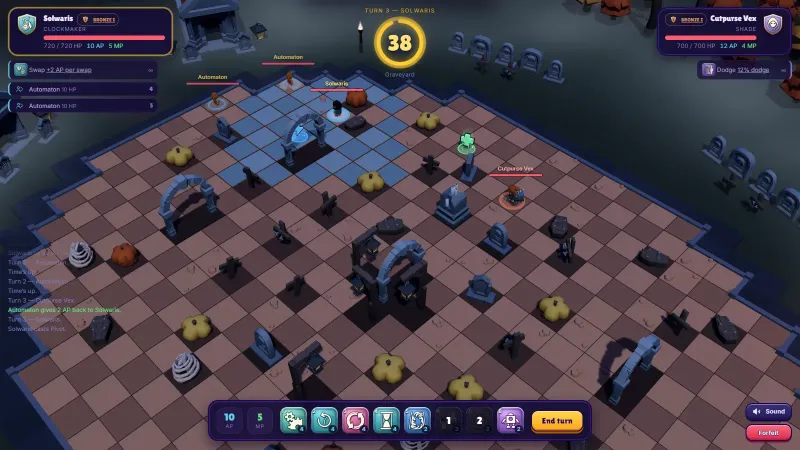 The Solwaris Clockmaker on the Graveyard map with its two Automatons, facing a Shade, after an Automaton has given it 2 AP back