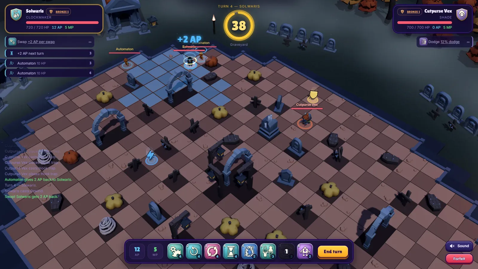 A Solwaris duel on the Graveyard map, on turn 4: the Clockmaker gains 2 AP by swapping with its Automaton, facing a Shade, with the turn timer at the top