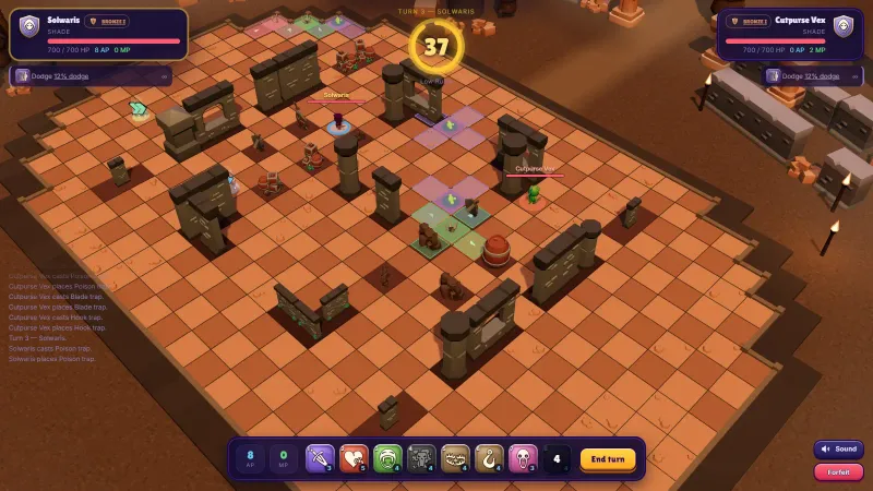 A Solwaris duel between two Shades on the Low Ruins arena, with trap tiles laid out between the two fighters