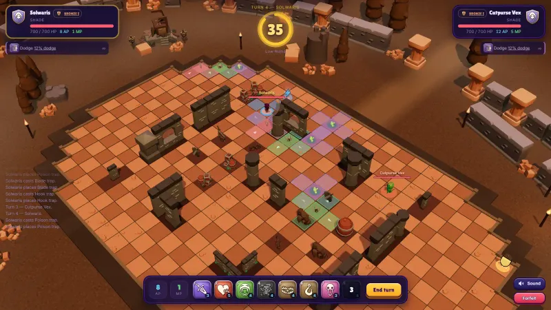 A turn-based tactics duel in Solwaris on the Low Ruins map: a Shade surrounded by the coloured tiles of its traps, facing another Shade
