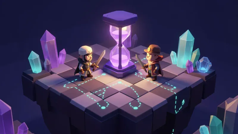 Illustration: two small armed heroes facing each other on a checkerboard tactical arena, separated by a tall violet crystal hourglass, with cyan dotted paths marking moves planned several turns ahead