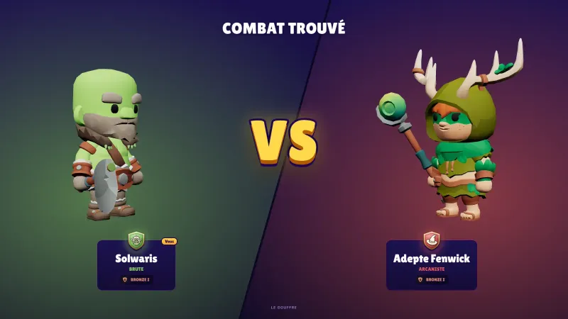 L’écran « Combat trouvé » de Solwaris : une Brute à gauche face à un Arcaniste à droite, tous deux en ligue Bronze I, séparés par un grand « VS » jaune