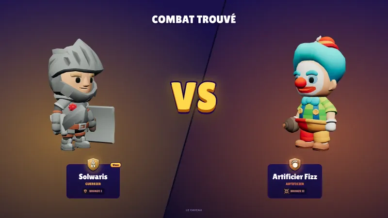 L’écran « Combat trouvé » de Solwaris : un Guerrier en armure grise face à un Artificier déguisé en clown, séparés par un « VS » jaune