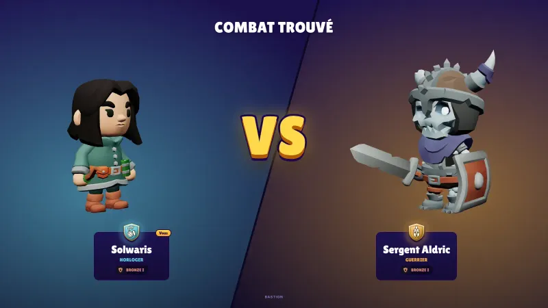 L’écran « Combat trouvé » de Solwaris : un Horloger à gauche, un Guerrier en armure avec épée et bouclier à droite, séparés par un grand « VS » jaune