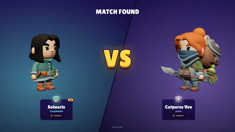 The Solwaris “Match found” screen, with a Clockmaker on the left and a masked Shade holding two blades on the right, split by a large yellow “VS”