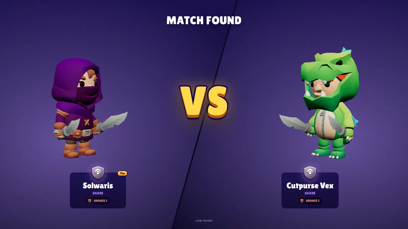 La pantalla de combate encontrado de Solwaris: dos Sombras separadas por un gran VS, antes de un combate en las Ruinas Bajas