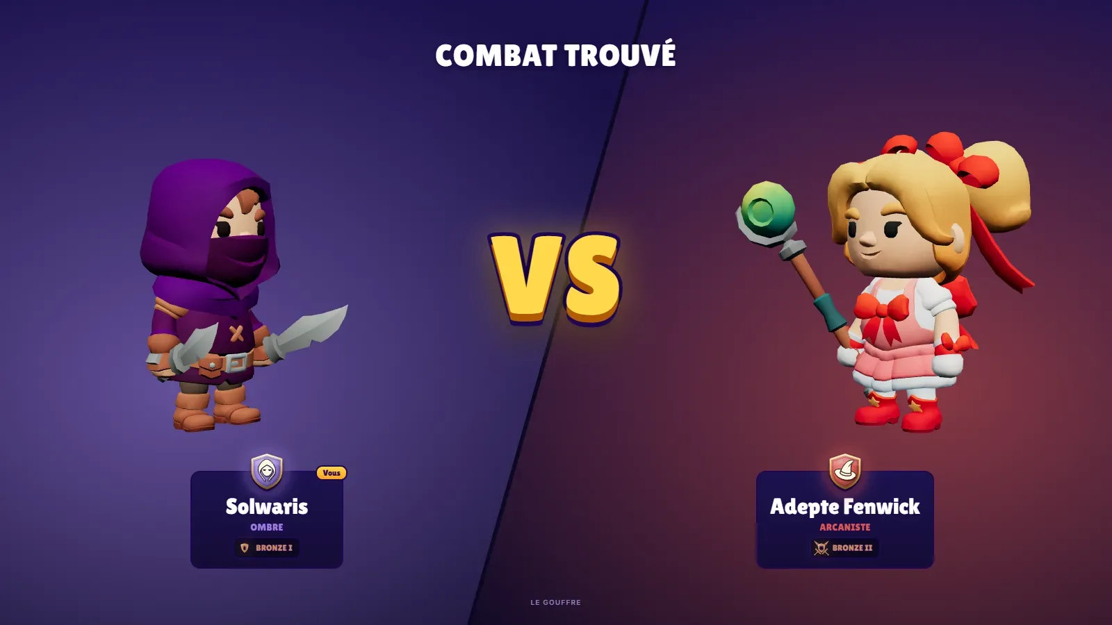 L’écran Combat trouvé de Solwaris : une Ombre face à un adversaire Arcaniste, séparés par un grand VS, avant un combat sur la carte du Gouffre