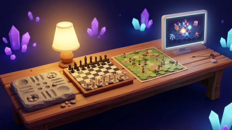 Illustration : sur une longue table, de gauche à droite, un plateau de pierre antique, un échiquier, une carte de wargame à hexagones et un écran moderne avec une arène tactique