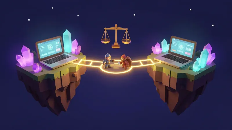 Illustration: two laptops on two distant floating islands, joined by a bridge of light that becomes a small arena in the middle where two champions face off, an even balance above them