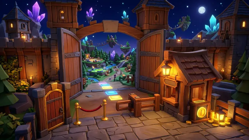 Illustration: a wide-open castle gate onto a valley of arenas and floating islands, with a coin booth and a velvet rope in front of a second door just inside