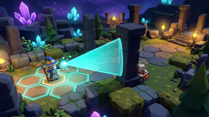 Illustration: a small mage on a grid of glowing tiles casts a cone of range that stops against a stone pillar, with an armored warrior hiding behind it