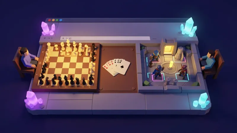Illustration: a browser window laid flat like a game table, shared between a chessboard, a hand of cards and a small tactical arena, with two players seated face to face and only two chairs