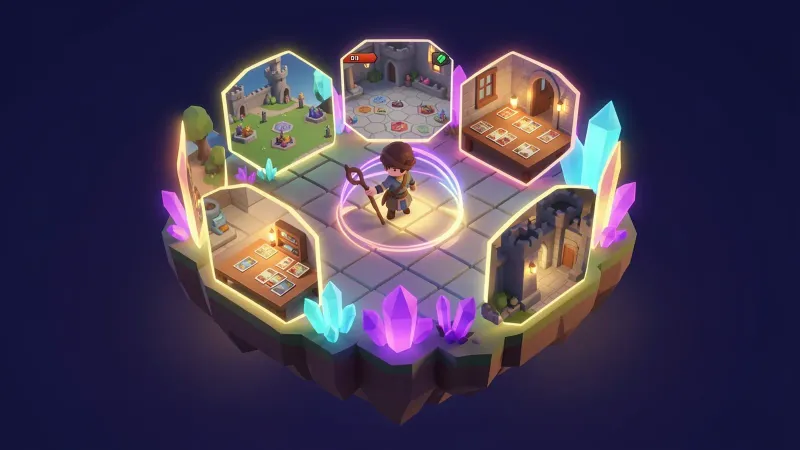 Illustration: a small floating island holding a tiled tactical arena, ringed by glowing portals that each open onto another game world, with a young adventurer holding a staff picking one