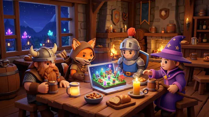 Illustration: four friends around a tavern table, leaning over a laptop with a small board game popping out of the screen