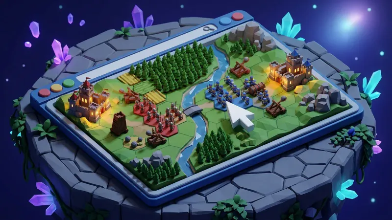Ilustración: una ventana de navegador tumbada como una mesa, con un mapa de guerra en miniatura, dos castillos y dos pequeños ejércitos a cada lado de un río
