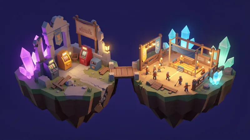 Illustration: a floating island split in two, on the left the ruins of an abandoned game park with broken token machines, on the right a small new tactical arena being built by tiny workers, a bridge between the two