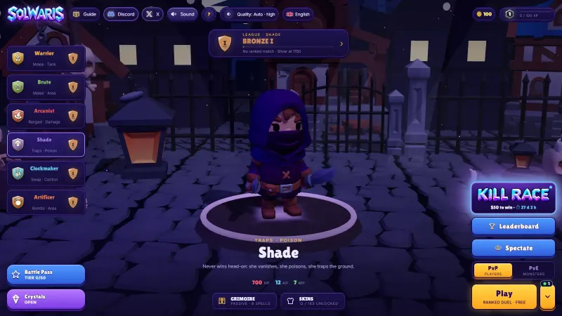 The Solwaris main menu with the Shade selected, and on the right the glowing Kill Race button showing $50 to win and the time remaining
