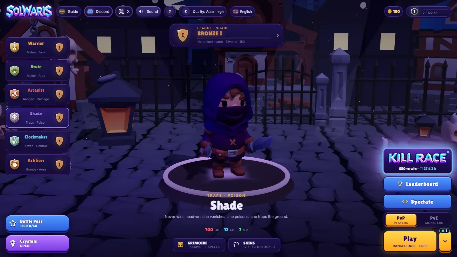 The Solwaris main menu with the Shade selected, and on the right the glowing Kill Race button showing $50 to win and the time remaining