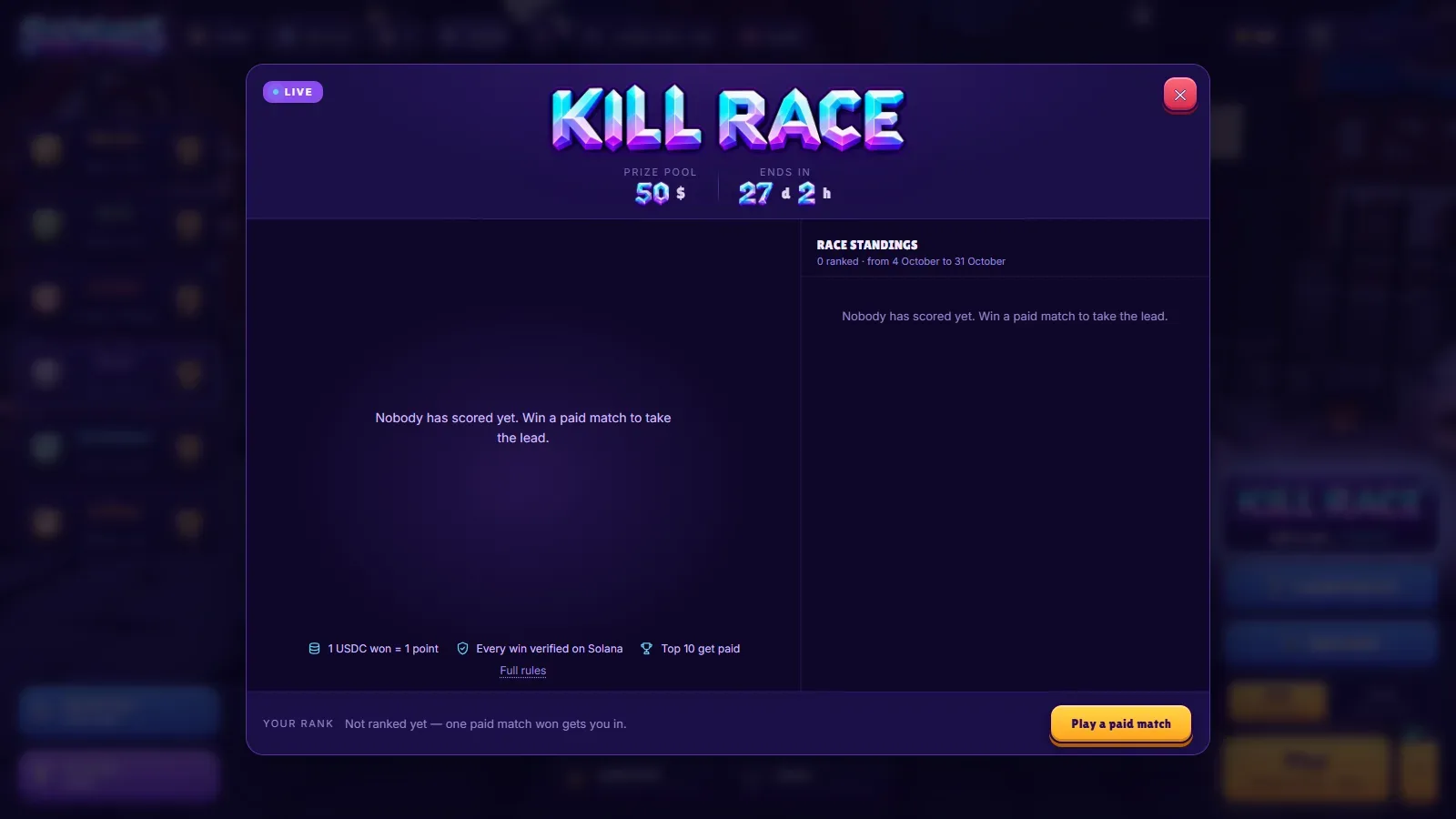 The in-game Kill Race panel: $50 prize pool, time remaining, race standings and a Play a paid match button