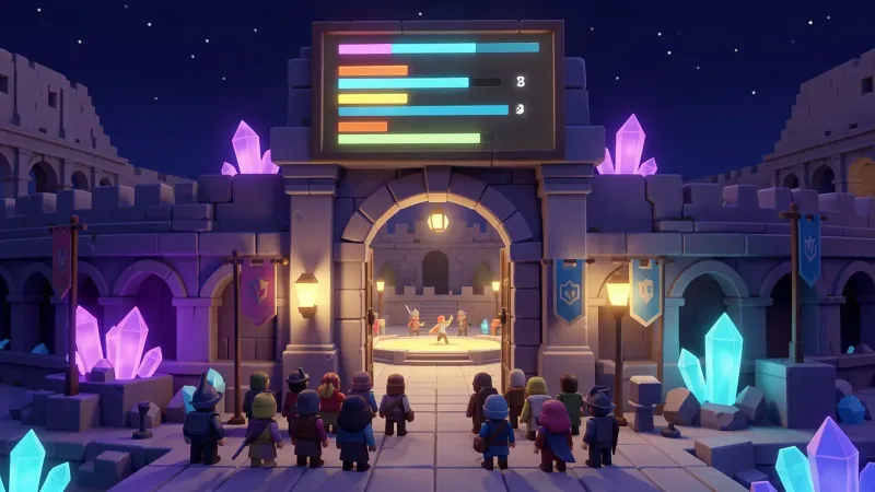 Illustration: the gate of a great stone colosseum, a queue of small heroes waiting under banners, a large glowing board of rating bars above, and behind the gate a lit duel arena